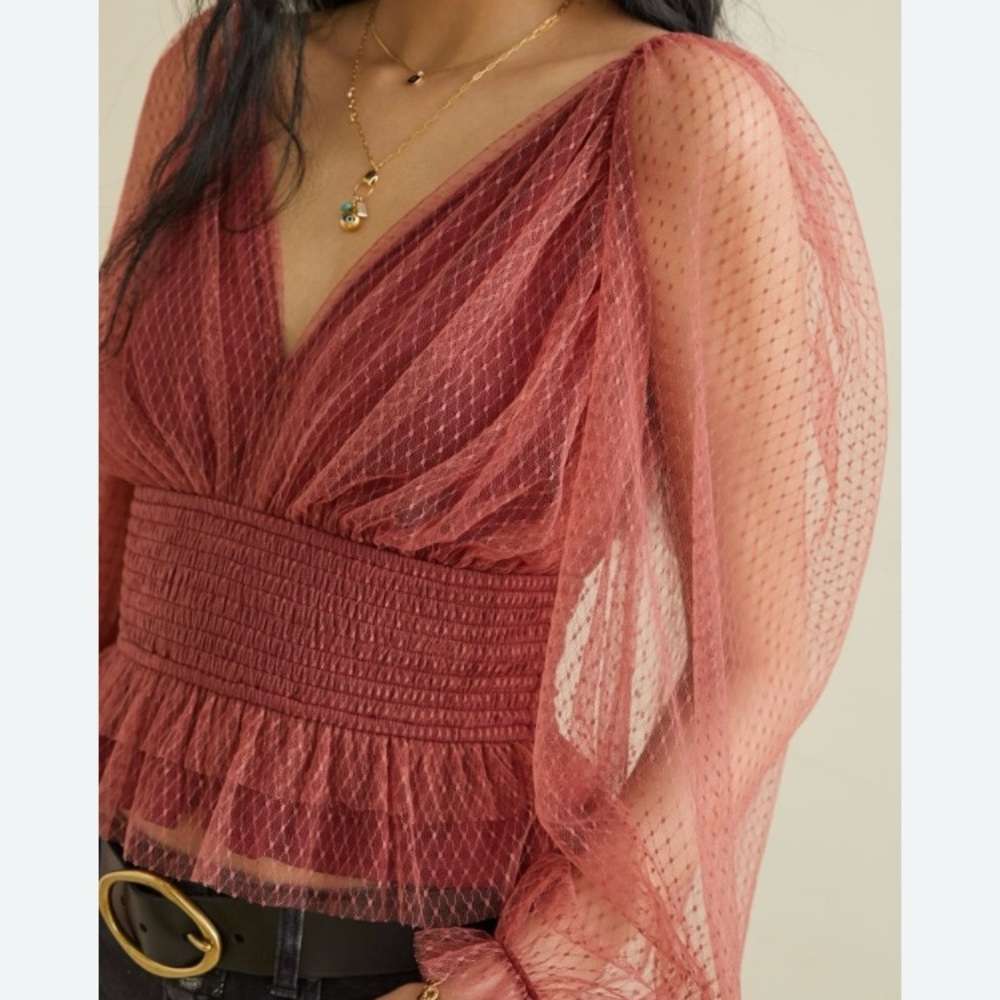 ANTHROPOLOGY NWT wine tulle smocked top puffed sleeve V neck Size L